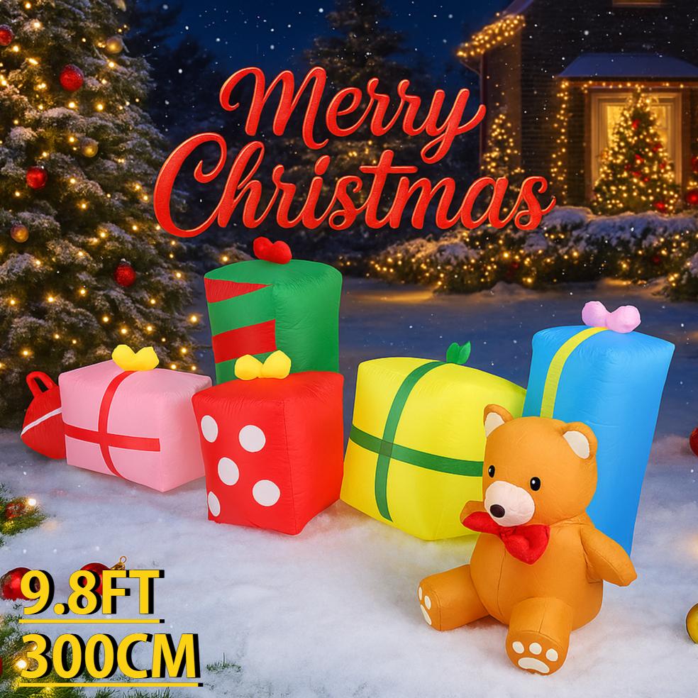 9.84FT Inflatable Toy Gift Boxes Teddy Bear Xmas Yard Lawn Party Decoration with LED Light Christmas Home Supplies Ornament Gift