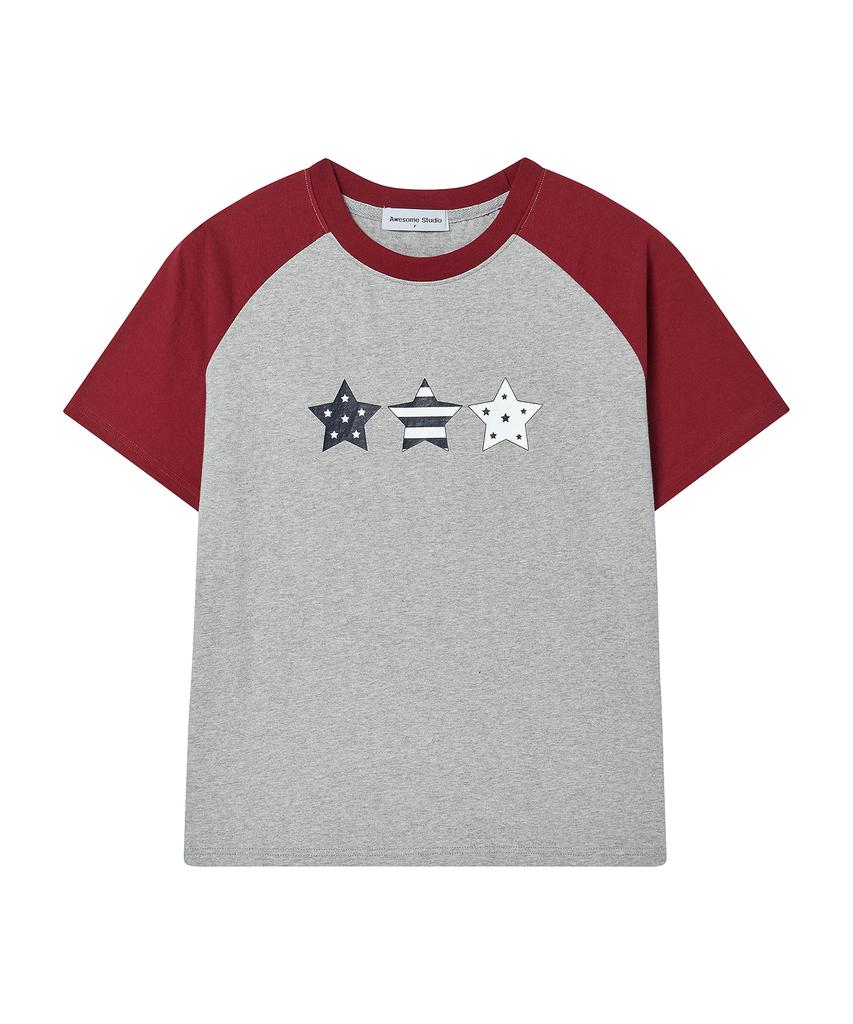 AWESOME STUDIO Y2K Star Graphic Color Block Short Sleeve Tee Melange Grey