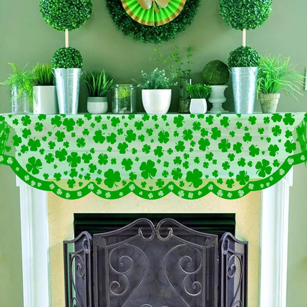 Green Shamrock Mantle Scarf for Fireplace - St Patricks Day Fireplace Cover Decorations Indoor - Lace Irish Mantel Scarves Garland Runner - Saint