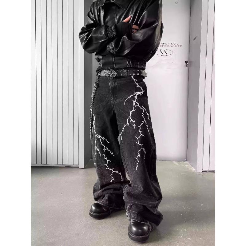 Amerikanische High Street Yabi Stil Dorn Blitz Stickerei Weite Hosen für Männer Nische Hip-Hop Locker Gerade Hosen Schlaghosen