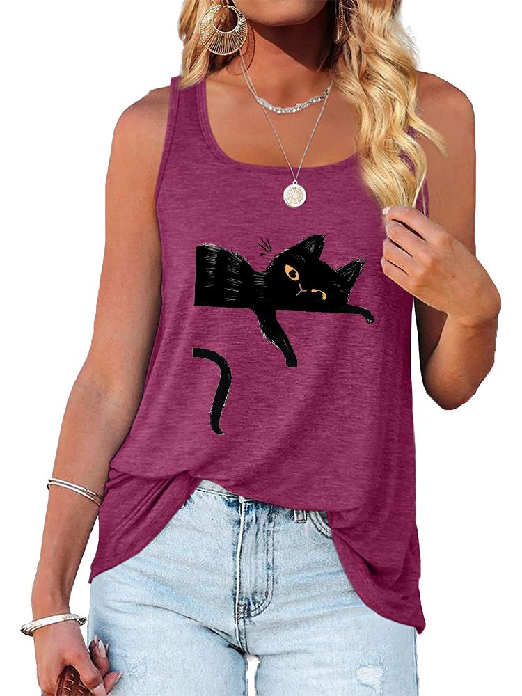 Women Fashion Cat Printed Tank Top Summer Casual Round Collar Sleeveless Shirt