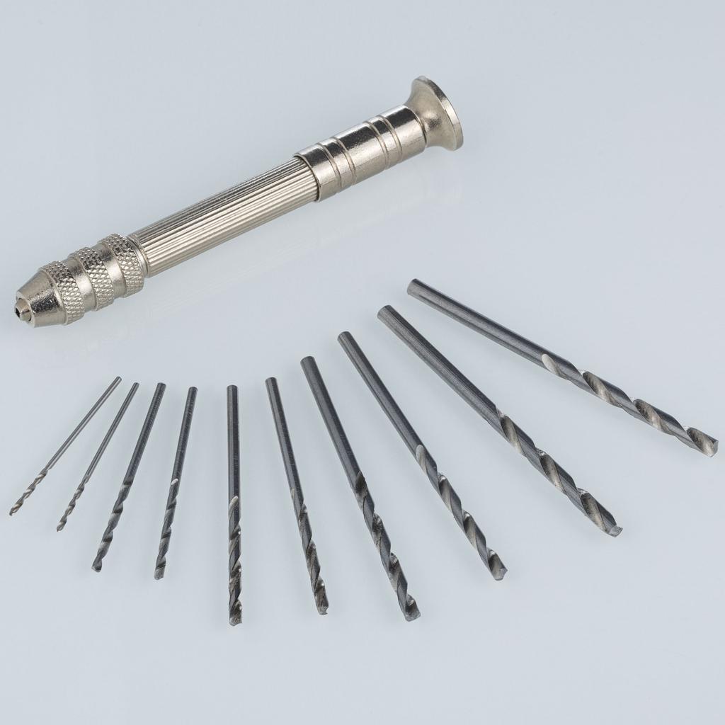 Handheld Mini Press Drill + Set of 10 Drill Bits 0.8-3mm for Wood Plastic DIY