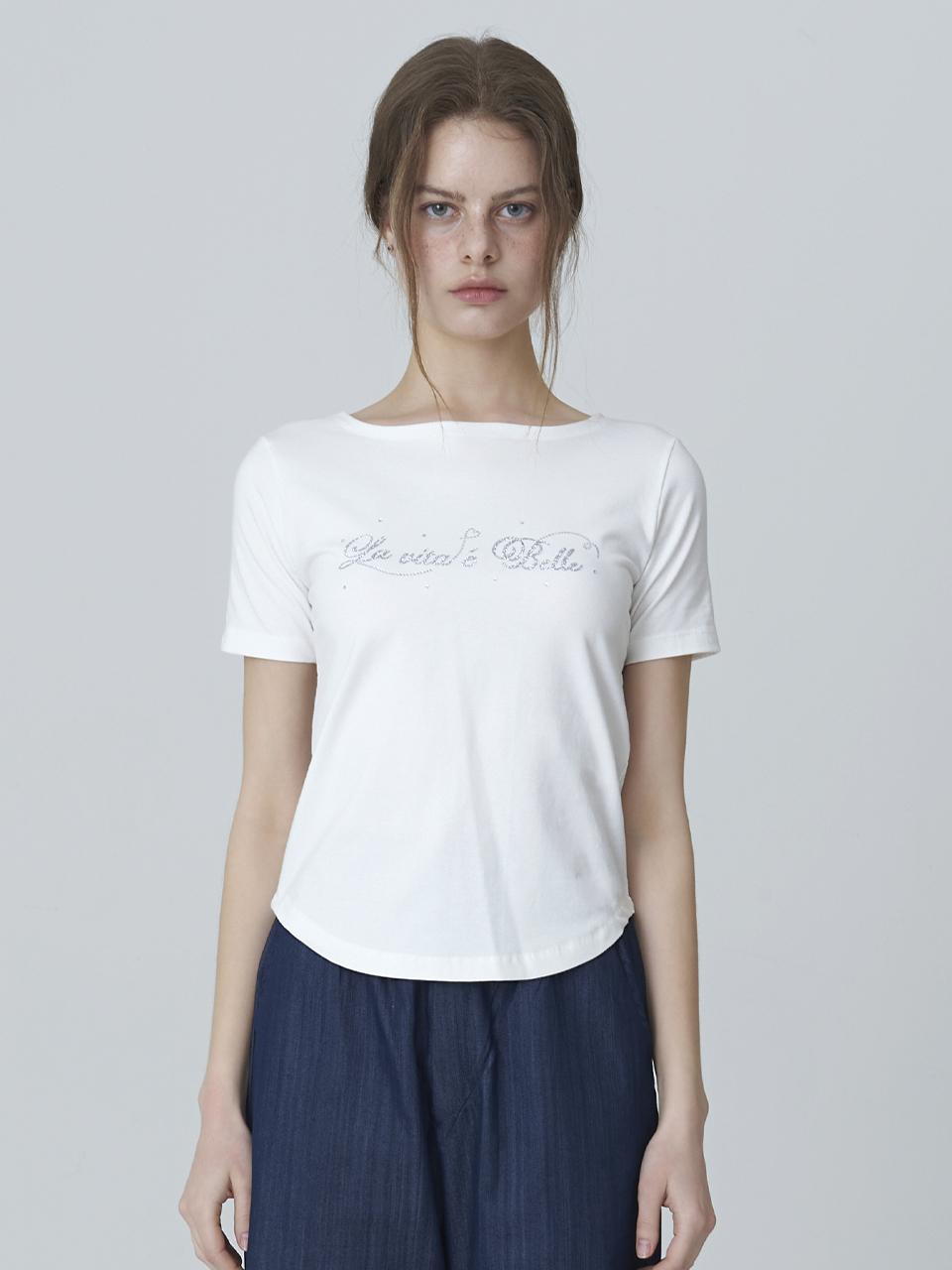 Adore Bell Lettering Cubic Boat Neck T-Shirt - White Free