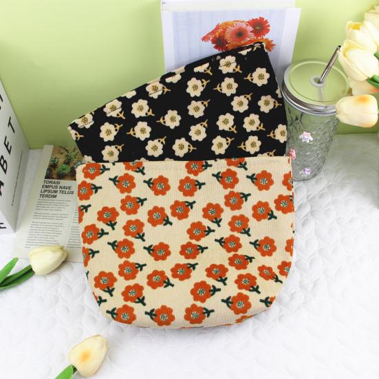 Flower Print Corduroy Cosmetic Bag Large Capacity Portable Smooth Zipper Multifunctional Travel Toiletry Makeup Lipstick Coins Phone Storage Pouch