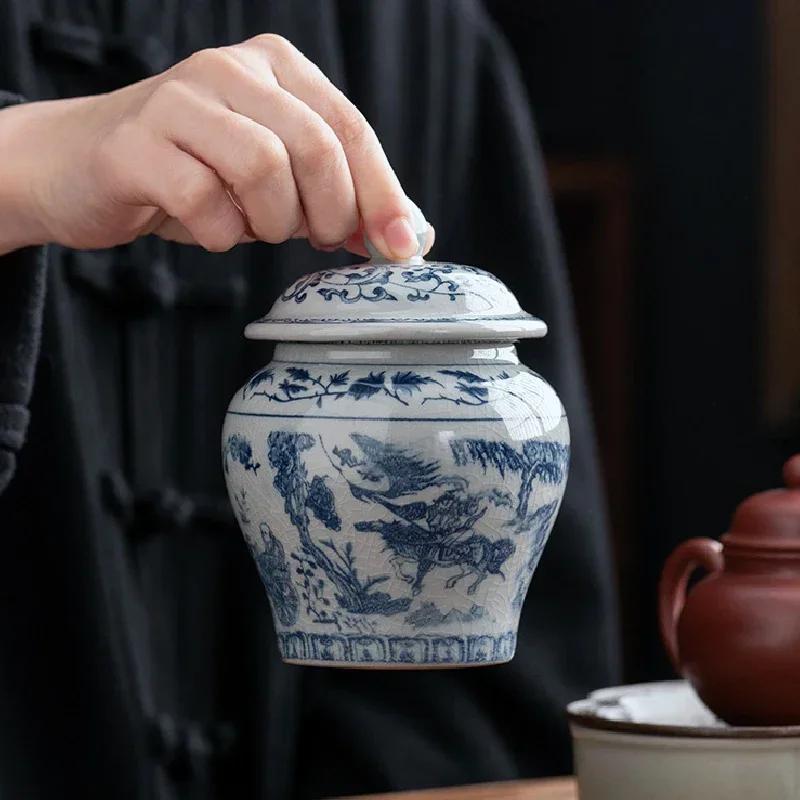 Modrá a bílá porcelánová dóza na čaj Keramická dóza s víčkem Uzavřená krabička na cukroví Retro ledem popraskaná glazura Úložná nádoba na čaj