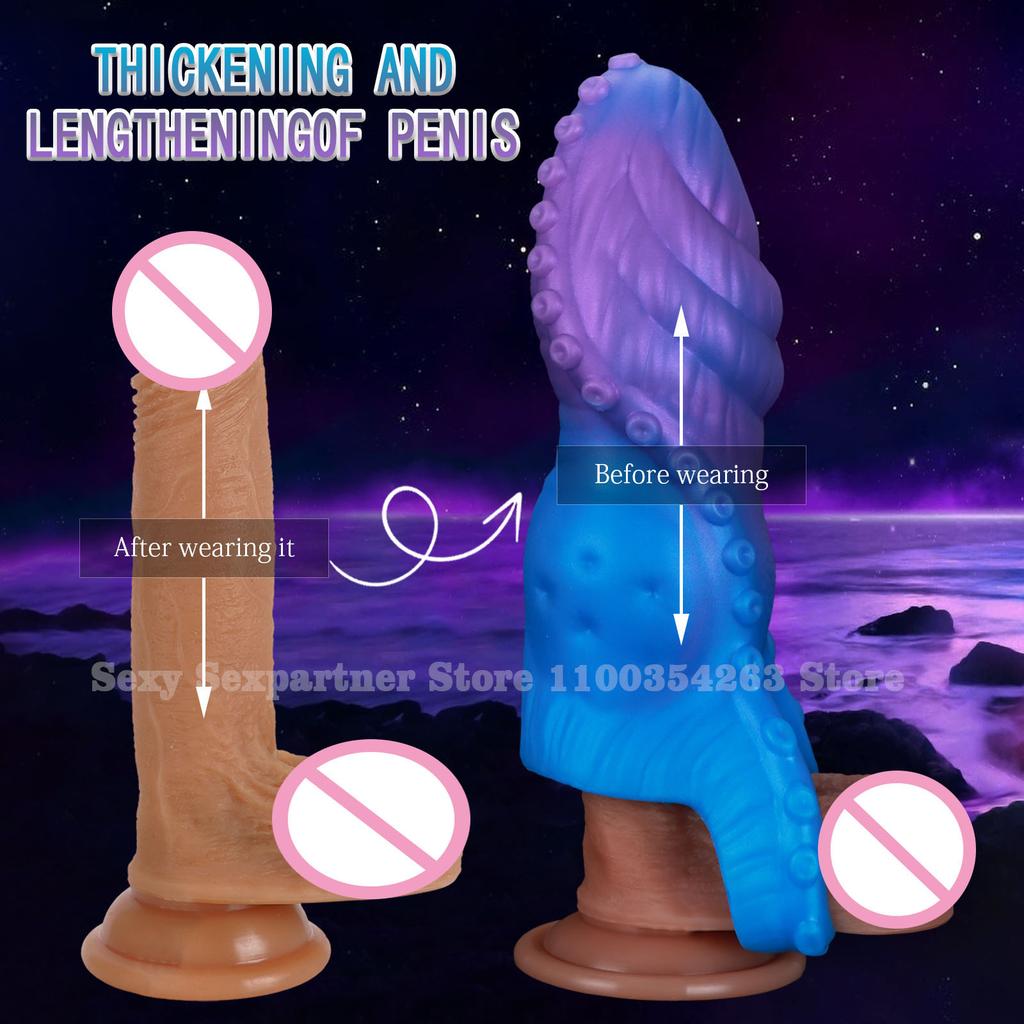 Silicone Tentacle Penis Sleeve Soft Reusable Dildo Condoms Penis Extender Enlargement Delay Ejaculation Sextoy For Men Cock Ring