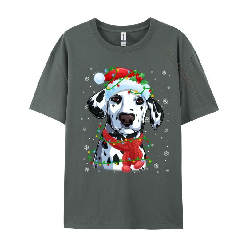 Christmas Lights Dalmatian Dog Santa Hat Scarf T-Shirts Dog Lovers T-Shirts Simple Style Top Quality Mens Tees
