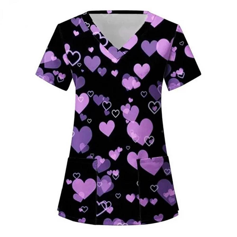 Women Valentines Day Ladies Nurse Uniform Love Print Gradient Short Sleeve Pocket Work Shirt Tunics Carer Medical Nursing Blouse