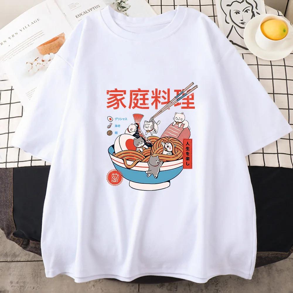 Ramen Cats Women Japanese Anime Characters T-shirts Casual T Shirts Summer Harajuku Kawaii Clothing Slight Strech