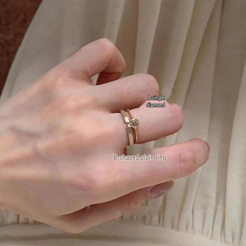 Light Gold Retro Diamond Band Ring for Women - High-End Versatile Open Design Adjustable Open Size