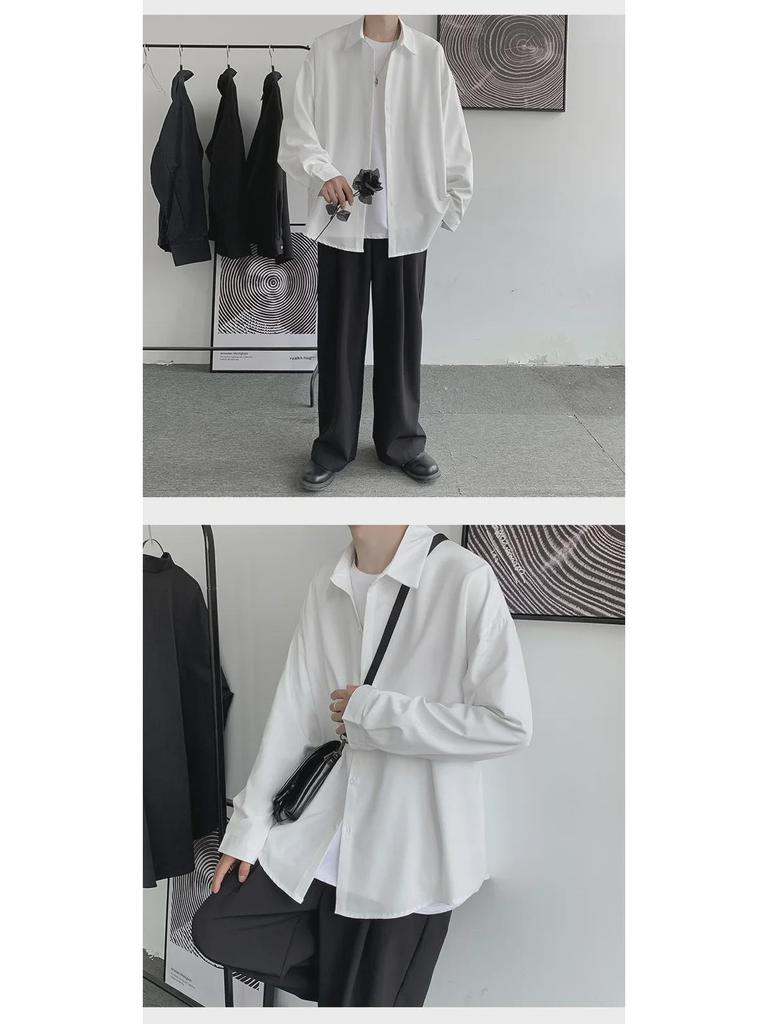 Men's Long-Sleeve White Shirt: College Style, Loose Fit, Korean Trend