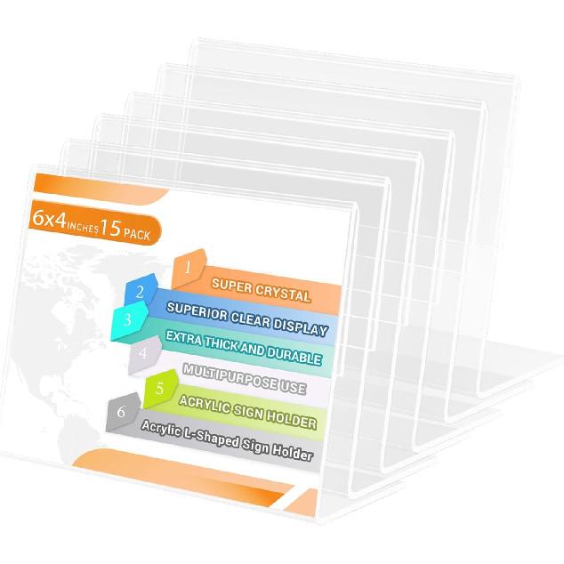 6 x 4 Inch Acrylic Sign Holder, 15 Pcs L Shape Clear Slant Back Sign Holders, Plastic Paper Sign Holder Stand, Clear Picture Frame Acrylic Stands for