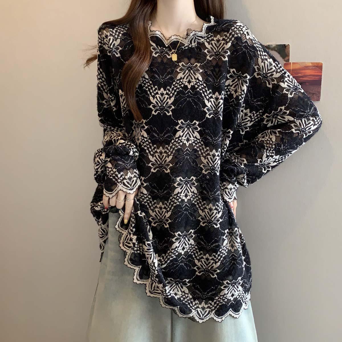 

2026 Spring/Autumn Versatile Lace Collar Long Sleeve Plus Size Women s Casual Top L чёрный