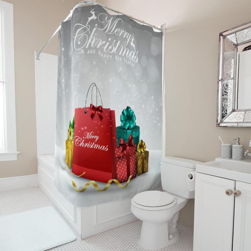TU Christmas Shower Curtain Festive Holiday Gift Box Pattern Waterproof Bathroom Decor Merry Xmas Backdrop Festive Home Decorati
