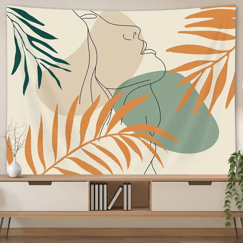 Abstract Sun Leaves Brown Geometric Wall Hanging Tapestry Vintage Simple Boho Palm Bedroom Dorm Living Room Wall Art Home Decor