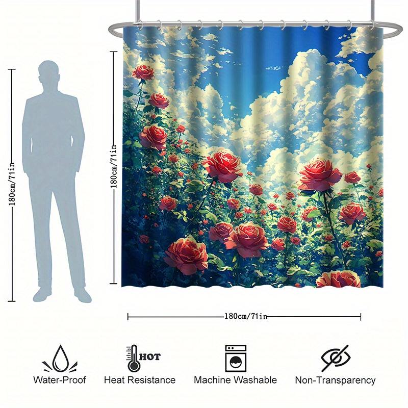 Bright Flower Shower Curtain Set, Bright Stamen, Blue Sky & White Clouds, Bathtub Partition, Modern Bath Decor