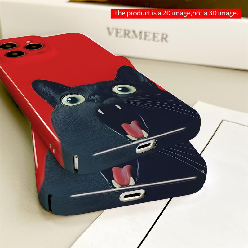 2DFlat Black Cat with Open Mouth All inclusive film hard iPhone case, compatible with iPhone 18 Pro Max 17 16 15 14 13 12 11