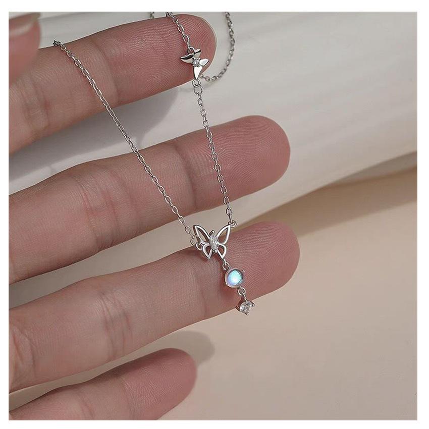 Moonlight Glazed Butterfly Necklace in S925 Sterling Silver - Sweet Heart Tassel Clavicle Chain