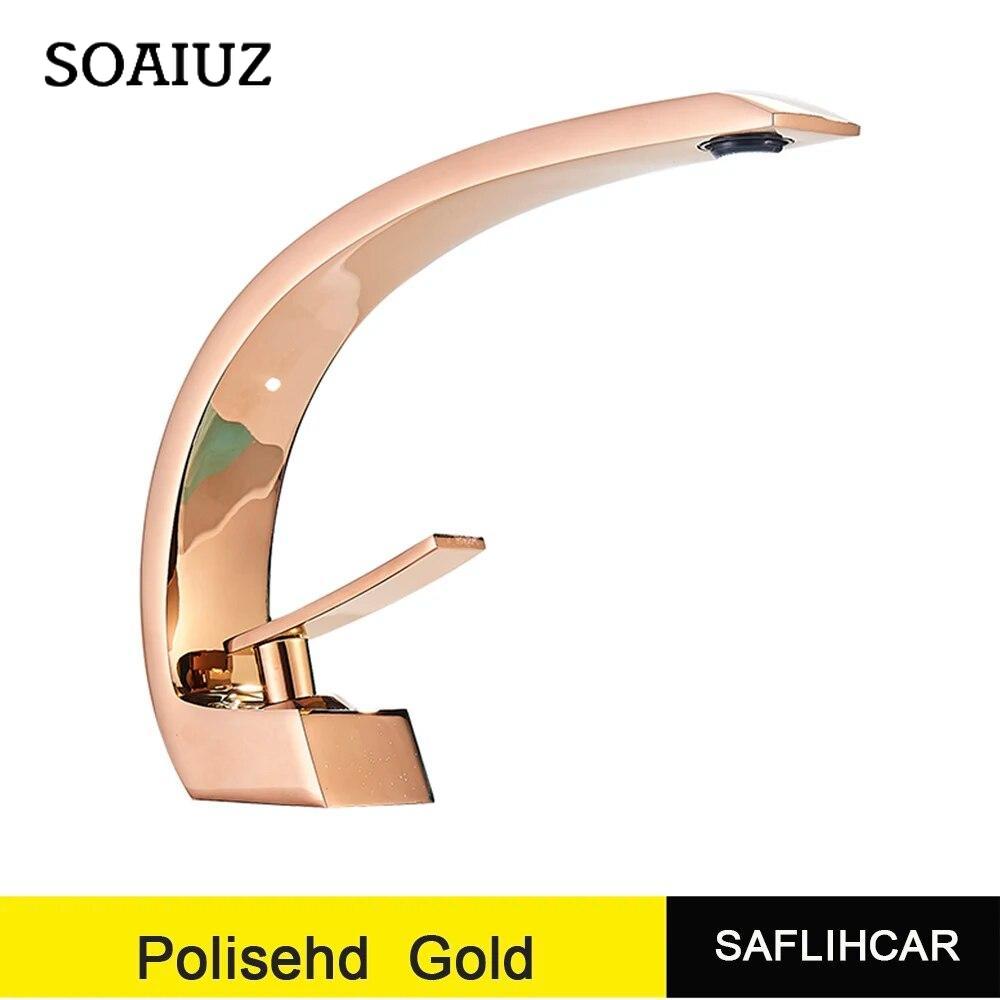 Altın Cilalı Banyo Vanity Musluk Tek Kolu Sıcak ve Soğuk Su Mikser Lavabo Bataryası Güverte Dağı Vinç