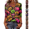 Women Halloween Pumpkin Print 3/4 Sleeve Shirt Round Neck Loose Fit Casual T-Shirt Top for Fall Seasonal Wear