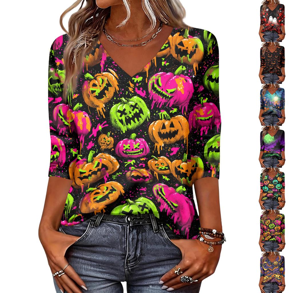 Women Halloween Pumpkin Print 3/4 Sleeve Shirt Round Neck Loose Fit Casual T-Shirt Top for Fall Seasonal Wear