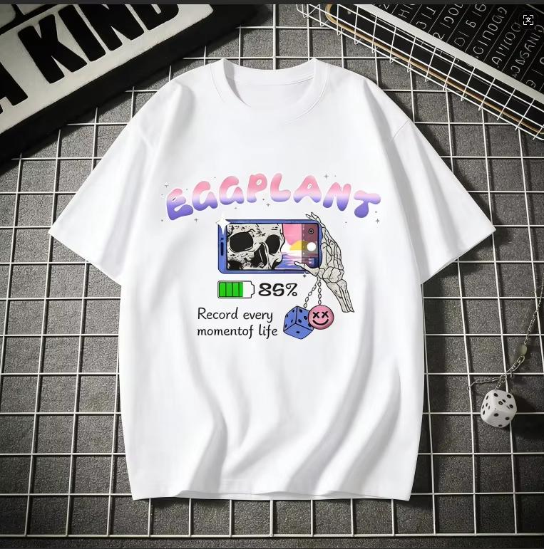 BAGGPLANT Skull Phone Graphic Tee, Record Every MoUnisext Black Tshirt, Colorful Battery Print Top, Streetwear StateUnisext Shirt S