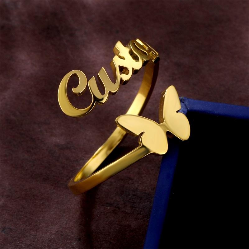 Custom Butterfly Name Rings for Women Personlized Stainless Steel Adjustable Ring Unique Engagement Gift Femme
