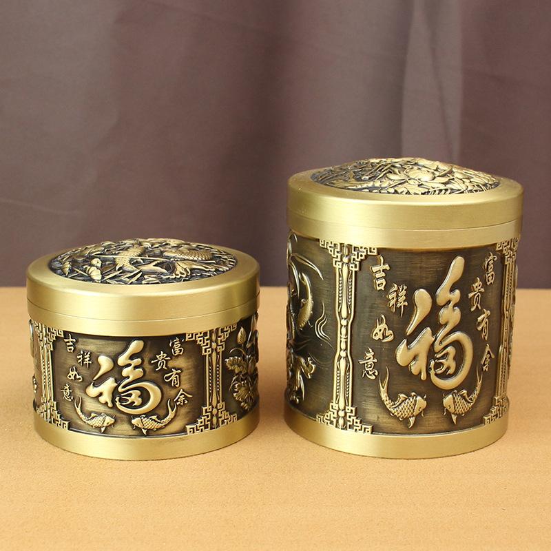 Brass Tea Can Fine Carving Sealed Can Office Study Creative Auspicious Baifu Tea Can Pure Copper Ornament