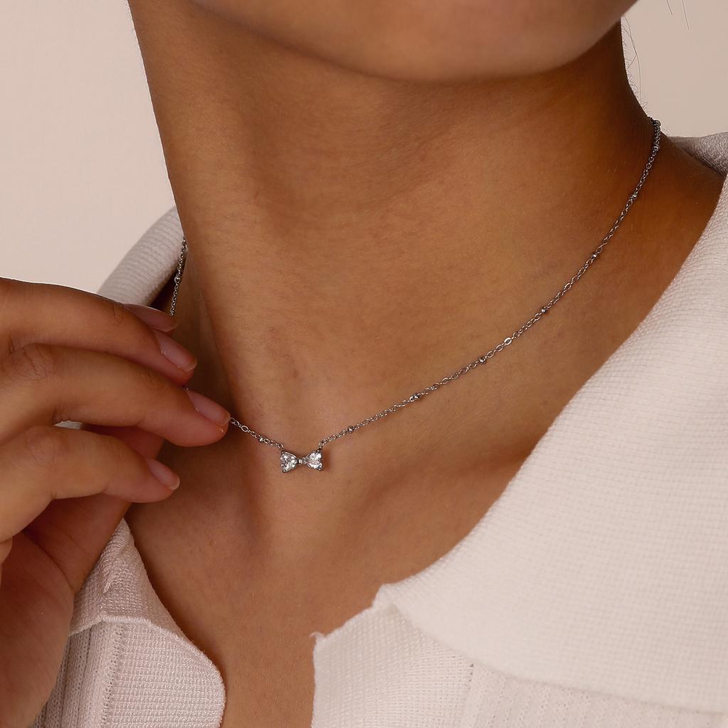 Stainless Steel Bead Chain Zircon Bow Necklace,Brilliant Cubic Zirconia Bow Pendant Necklace for Bridal Wedding Accessories