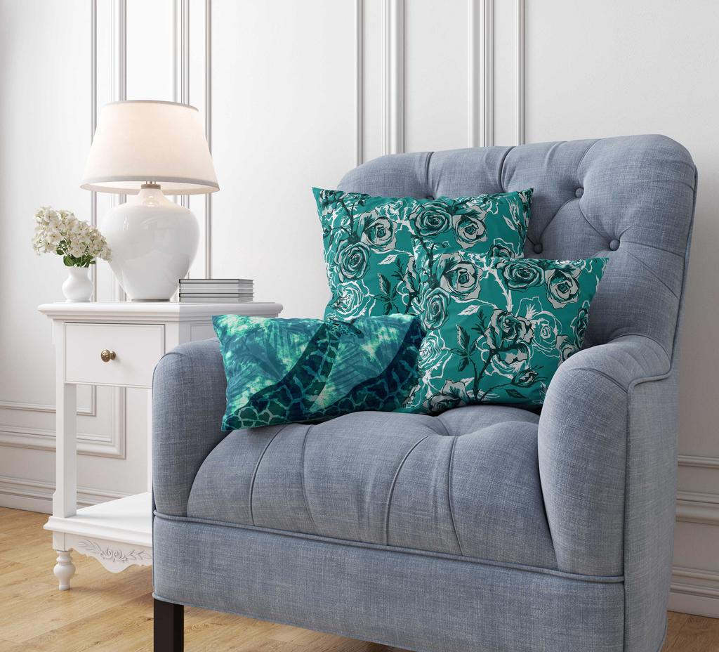 Vargottam Square Pillow Cover - Decorative Pillow Covers 12x12 Inches, Printed Teal Blue Theme Pillowcase,