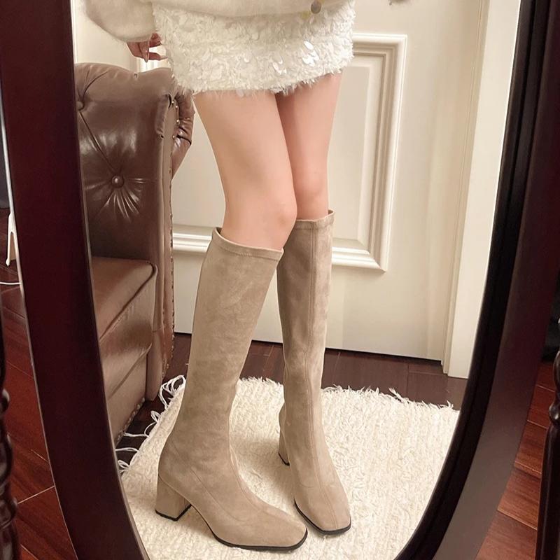 Fashion Women Boots Autumn Winter Elastic Slimming Knee-High Boots Fashion Square Toe Thick Heel Shoes for Women Side Zipper Casual Boot