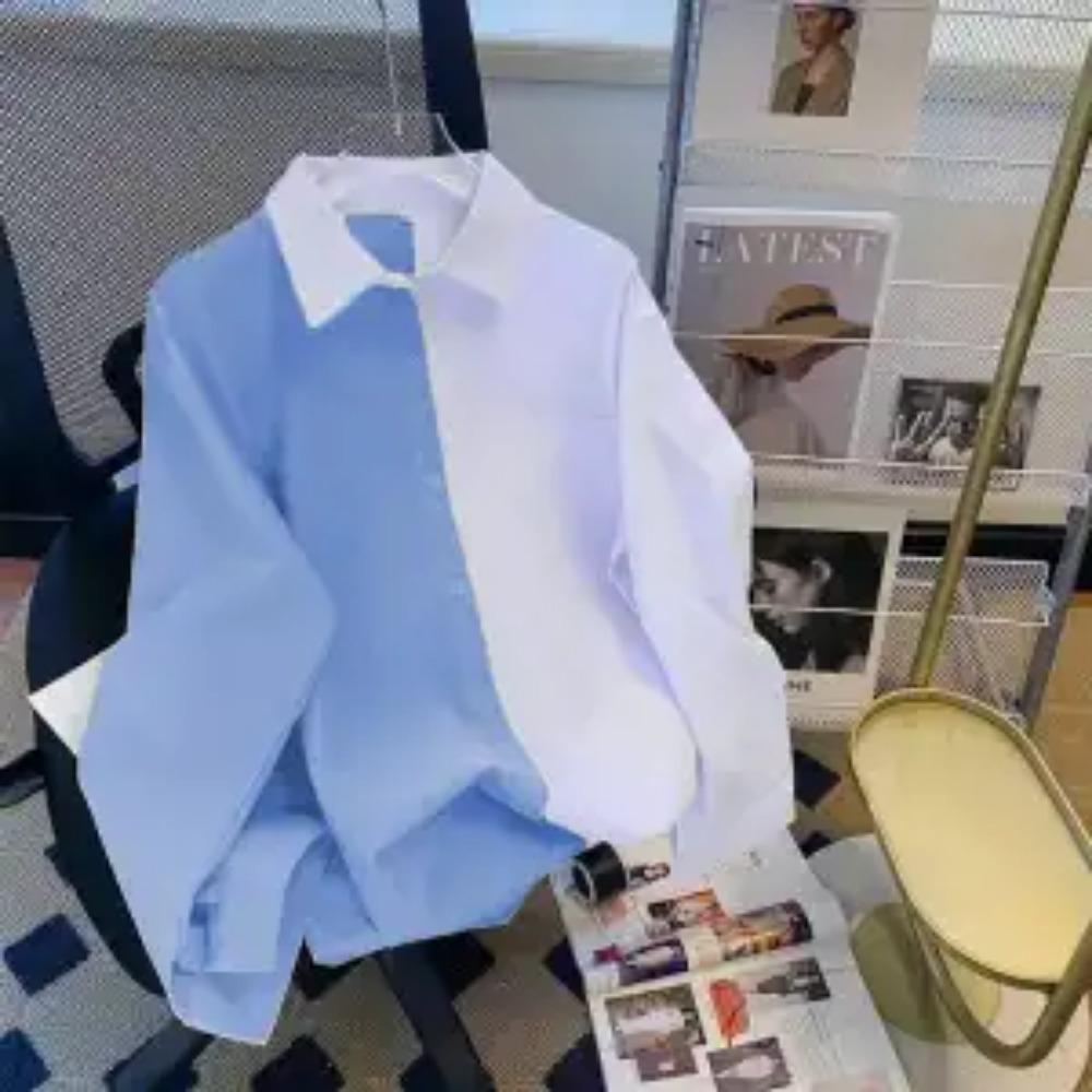 Spring and Autumn New Yellow Collar Blue Shirt Salt Girl Long Sleeve Fashion POLO Collar Loose Korean Casual College Style