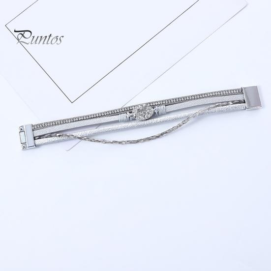 Women Cuff Bangle Four Layers Faux Crystal Rhinestone Retro Fake Leather Magnetic Clasp Girls Wrap Bracelet Fashion Jewelry Gift