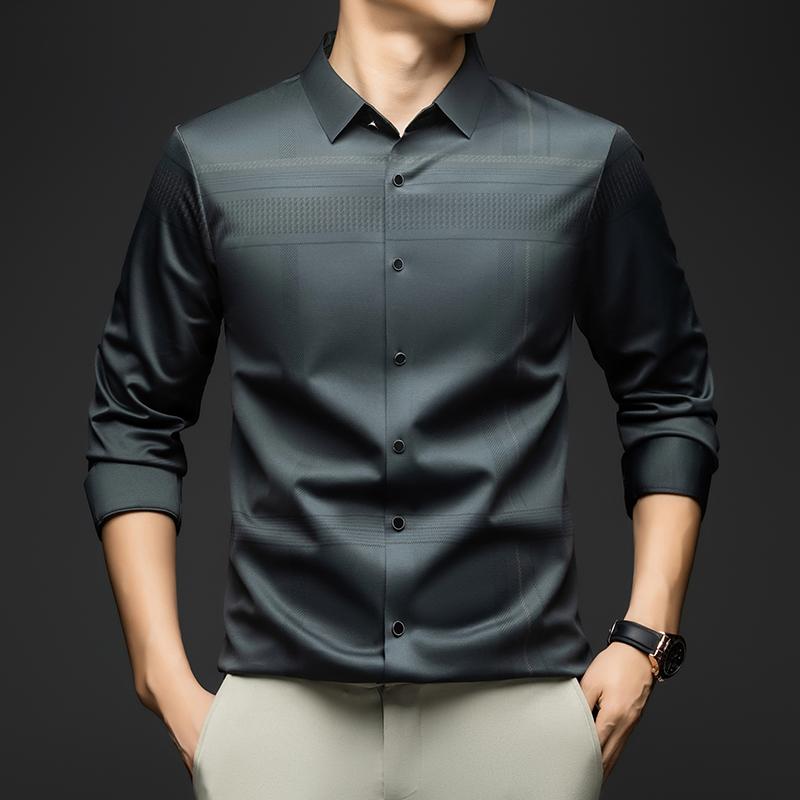 Long Sleeve Man Shirt Solid Color Business Slim Work Shirt Man 2026 Autumn New Casual Striped Print Shirt Men's Wear