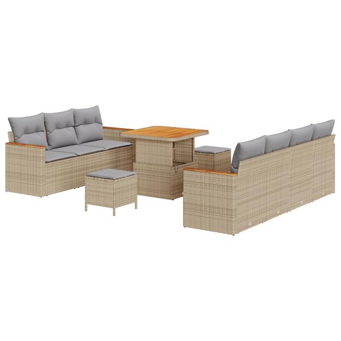 Ensemble de canapé de jardin 10 pièces avec coussins Beige Poly Rattan Acacia, Ensemble de salle à manger jardin 3 pièces 3364957