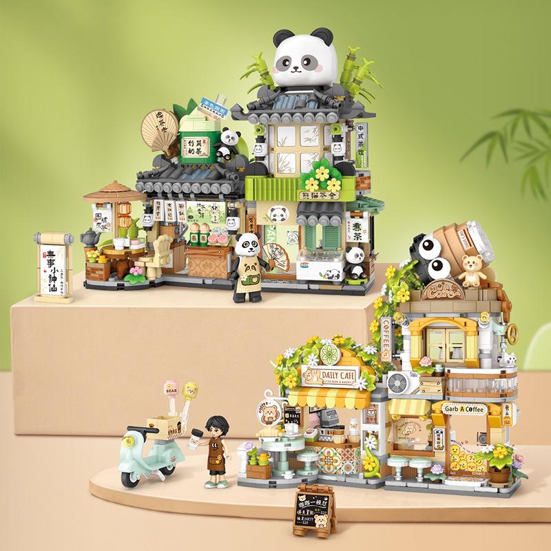 NEW Panda Pet Zoo Coffee Shop Store Fold Street View Shop Food House Building Blocks Kit Girls Bricks Model Kids Toy Children