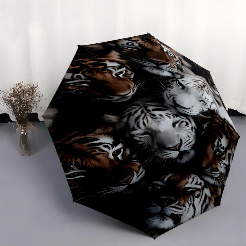 1pc Tiger Faces Automatic Open/Close Umbrella - Compact Travel Umbrella with 8-Rib Durable Frame, Lightweight & Portable Design, Commuting, Beach