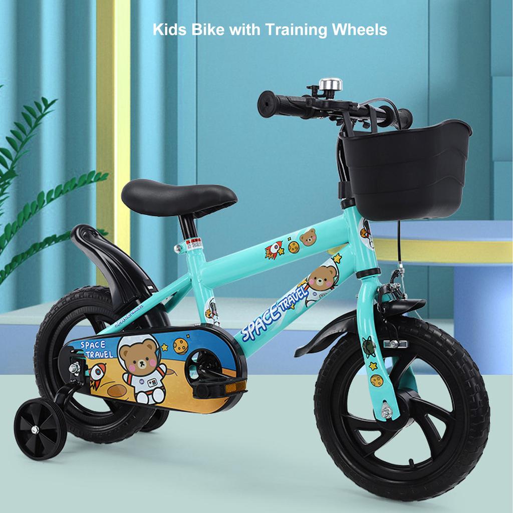 12 Inch Kids Bike Stable Riding High Carbon Steel Frame Baby Bicycle with Training Wheels for 2‑6 Years Old Children Green