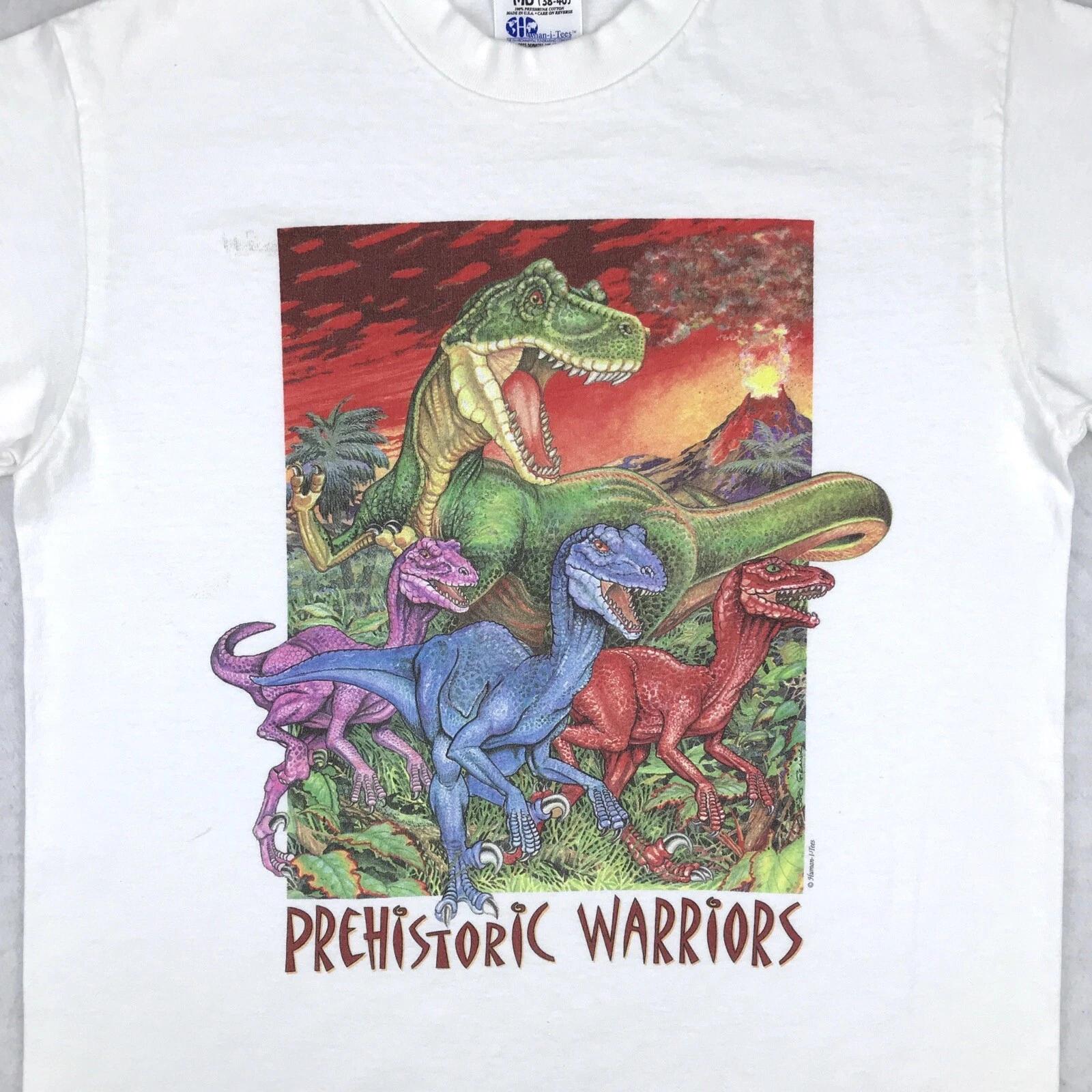 vintage 90s DINOSAUR PREHISTORIC WARRIORS T-Shirt M single stitch t-rex raptor 3XL