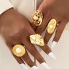 Exaggerated Gold Color Flower Geometric Open Ring Set for Women Personality Imitation Pearl Round Finger Ring Party Jewelry Gift