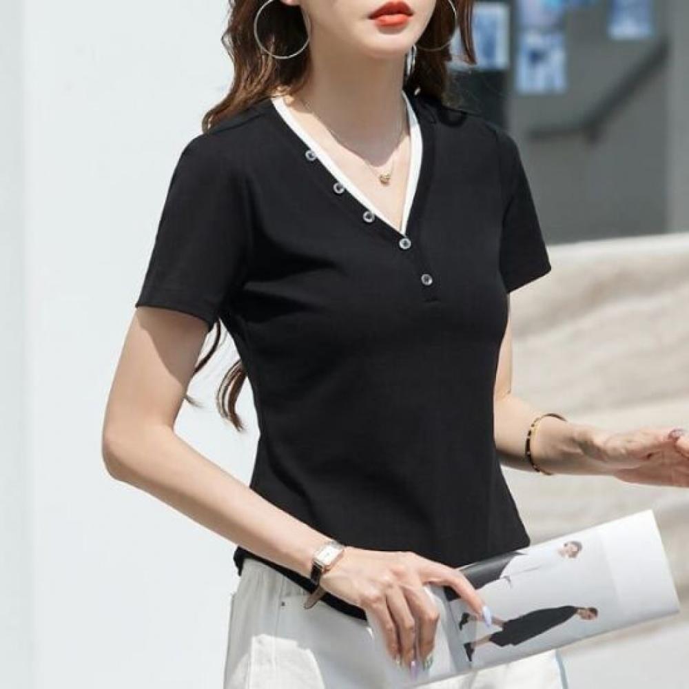 NaVaVa Women BuTTon PoinT V Neck ShorT sleeVe T shirT nT2380