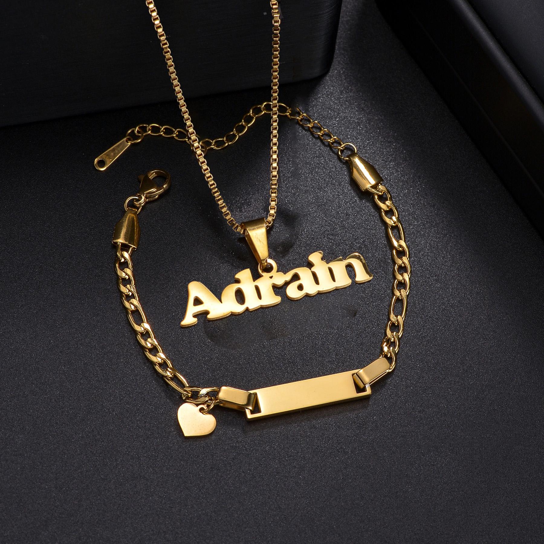 

Atoztide Personalized Custom Names Necklace Bracelet Jewelry Set For Baby Kids Stainless Steel Figaro Chain Birthday Gift Silver color
