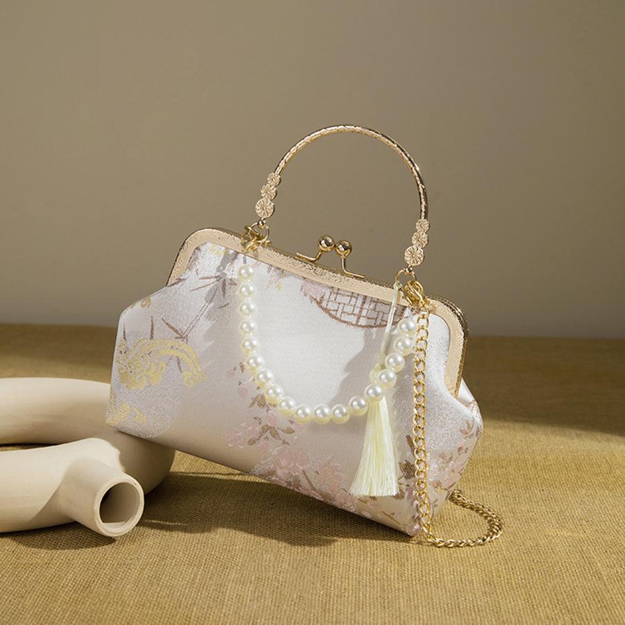 Fashi Clip-On Chinese Evening Bag With Ctrasting Flower Print, Pearl Chain Handbag, Elegant Crossbody Bag for Daily Travel