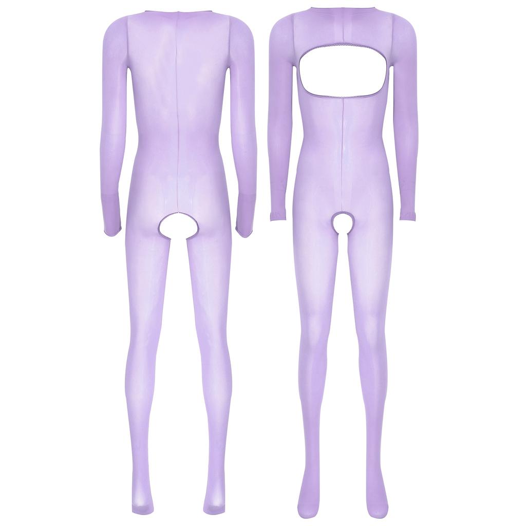 Womens Glossy See Through Long Sleeve Open Breast Crotchless Bodystocking