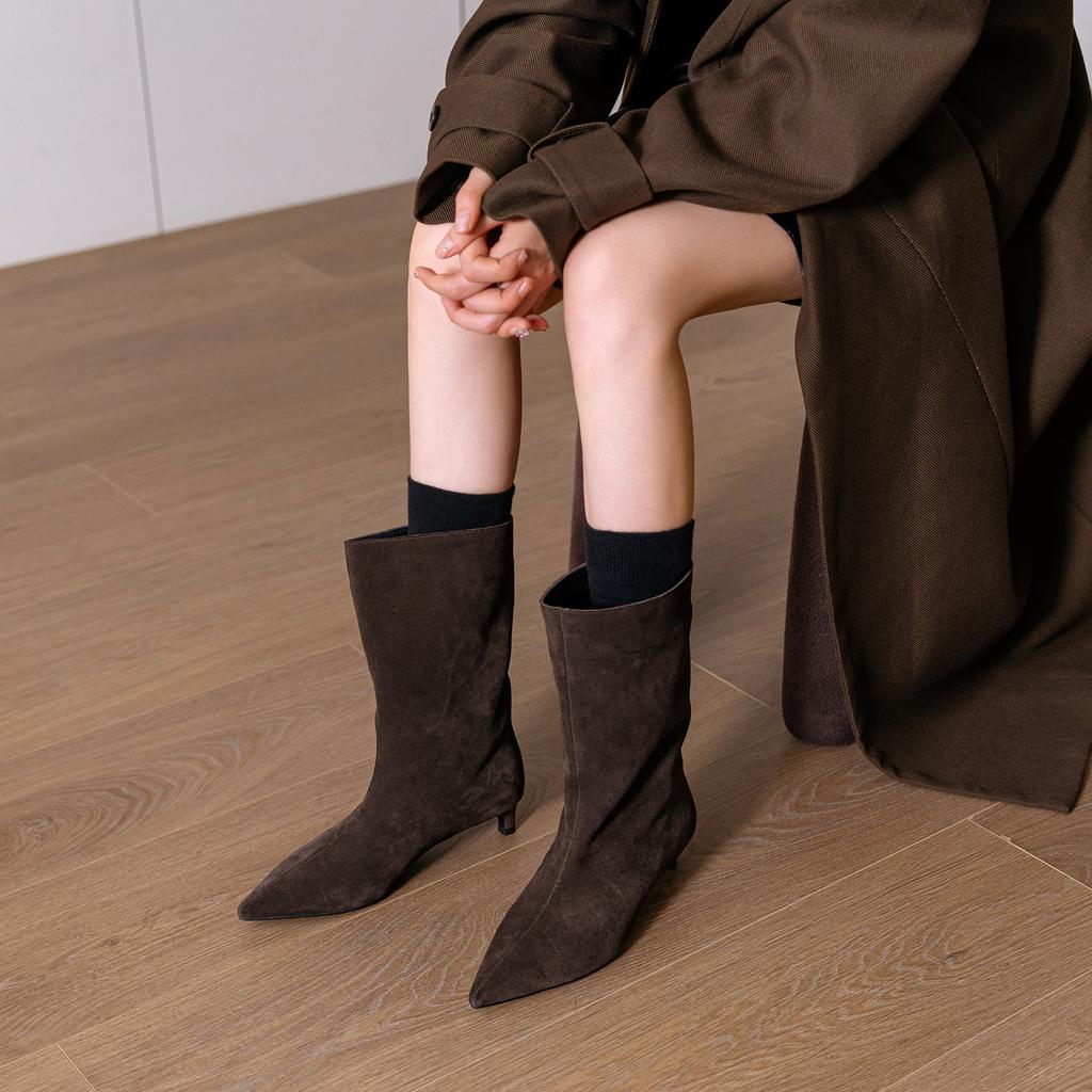 Fashion 2025 New Pointed Toe Mid-calf Women Boots Cow Suede Thin Heels Warm Knight Boots Fashion Slip on Party Ladies Shoes Modern Boots