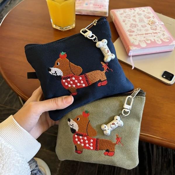 Cute Suede Dachshund Card Holder & Storage Bag for Earphones, Lipstick & More.