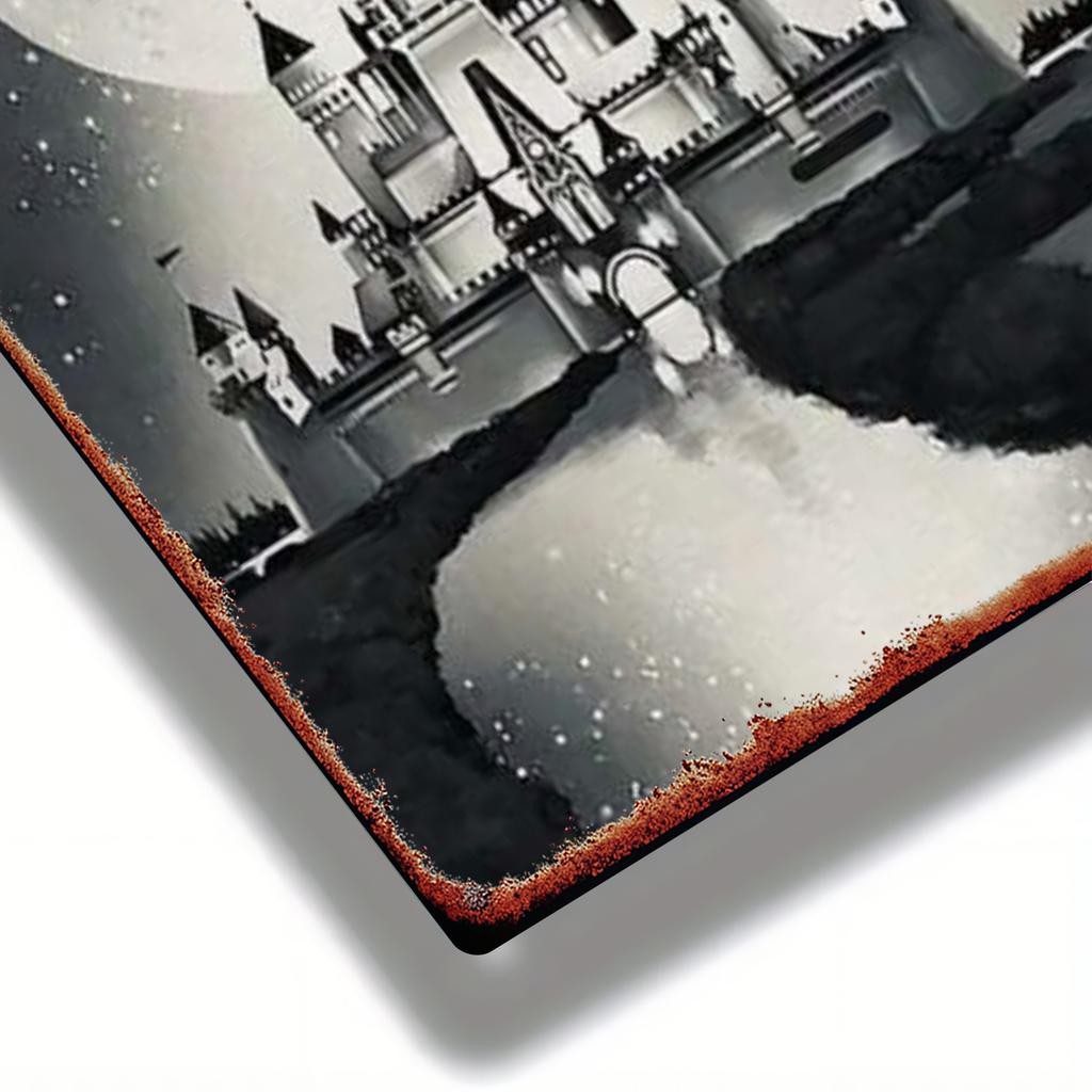 1 Stück Eisenmalerei Disney Micky Avatar Schloss Nachtansicht Schwarzweiß Metallschild Ikonische Figur, Geeignet für Wohnzimmer,