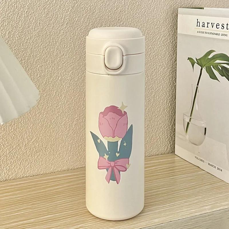 

304 Нержавеющая сталь Кофейные кружки с рисунком тюльпана Портативные герметичные и изолированные чашки Термос с пряжкой и соломинкой Бутылки для воды 500ml