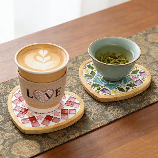 Yousheng 1 Set DIY Mosaic Tile Coaster Set Mixed Color Mosaic Kit with Wooden Coaster Kids Adults Handmade Mosaic Crafts Coaster with Accessories