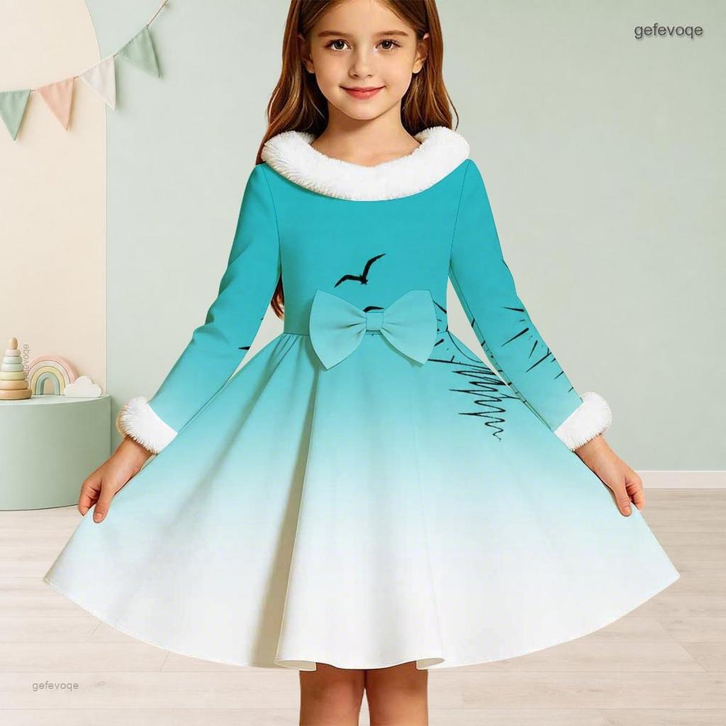 Girls High Neck White Furry Trim Long Sleeve Tropical Leaf Printed Black A Line Flared Dress